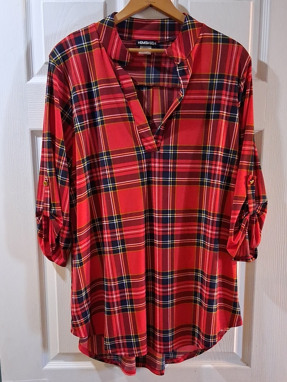 HEIMISH USA Red Plaid V-Neck Tunic with Roll-Tab Sleeves Stretchy